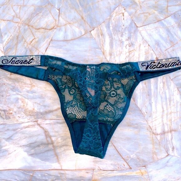 VS VERY SEXY Shine Strap Thong Panty Shimmer Crystal Band Lace Mesh Bling Green - Picture 2 of 11